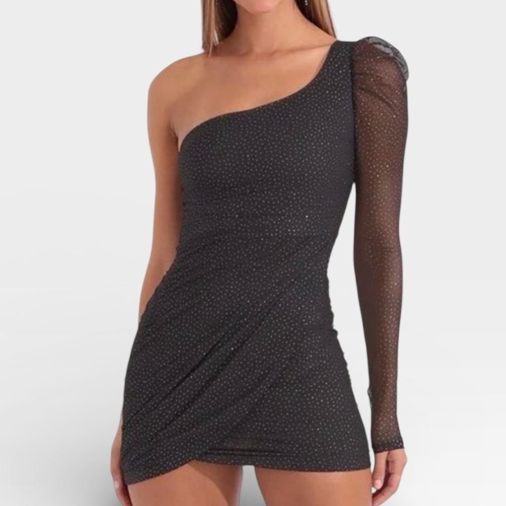 Lucy in the Sky Black Glitter Polka Dot One-Shoulder Dress Sheer Sleeve MEDIUM
